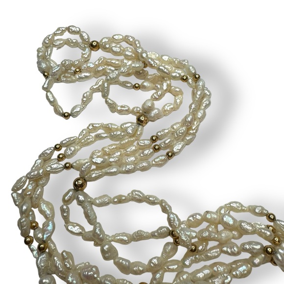 14k Yellow Gold Bead Baroque Freshwater Pearl Necklace 27” - Picture 5 of 5